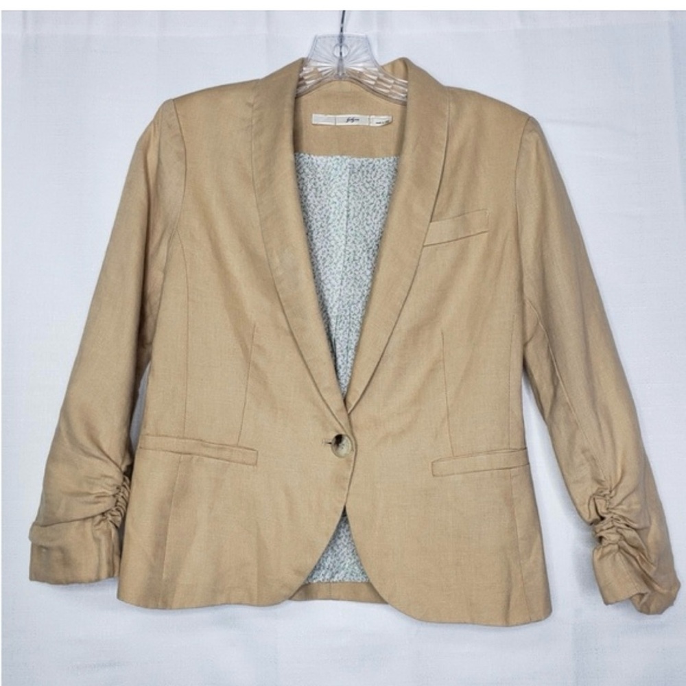 Gibson Classic Linen Tan Blazer with Ruched 3/4 Sleeves & Floral Liner - Med